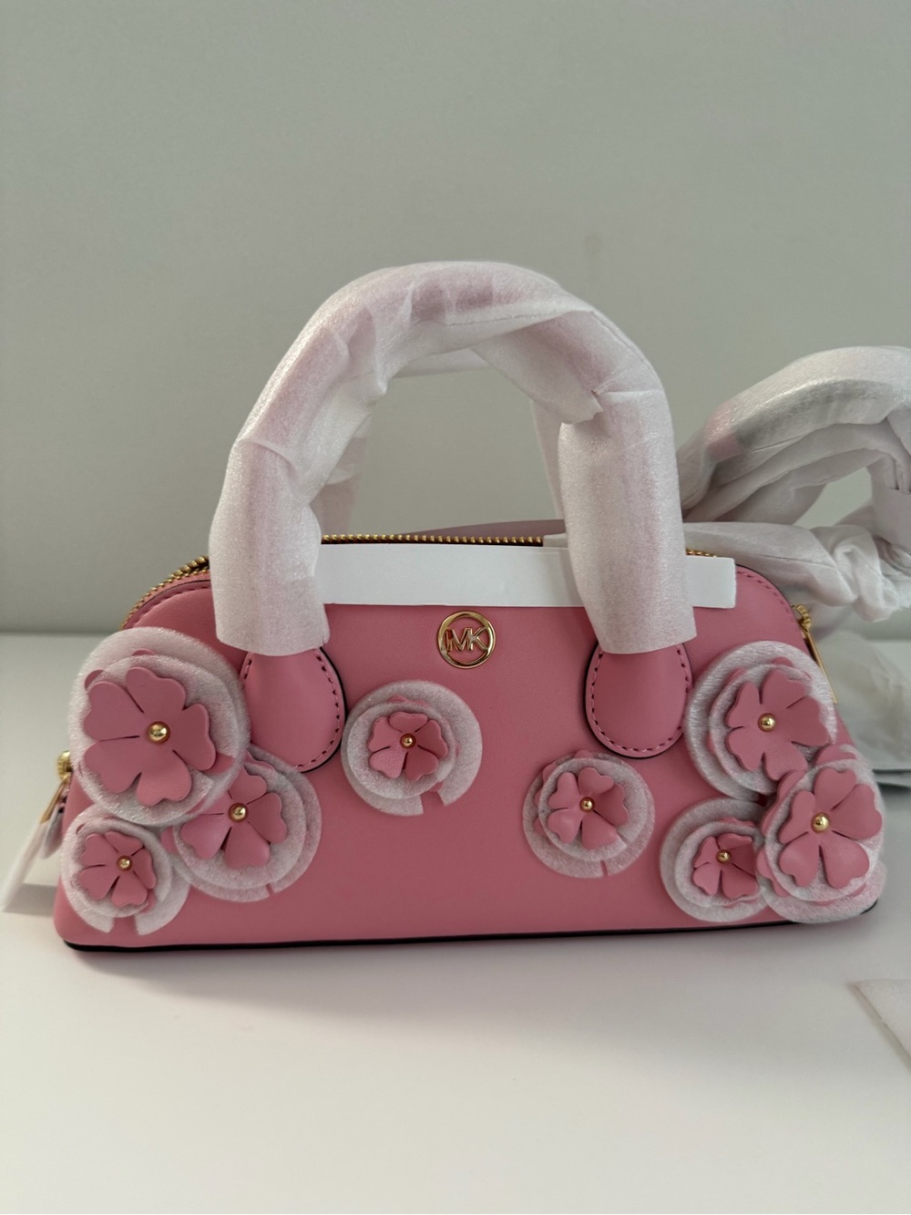 Michael Kors Pink Floral Appliqué Satchel with Gold-Tone Logo
